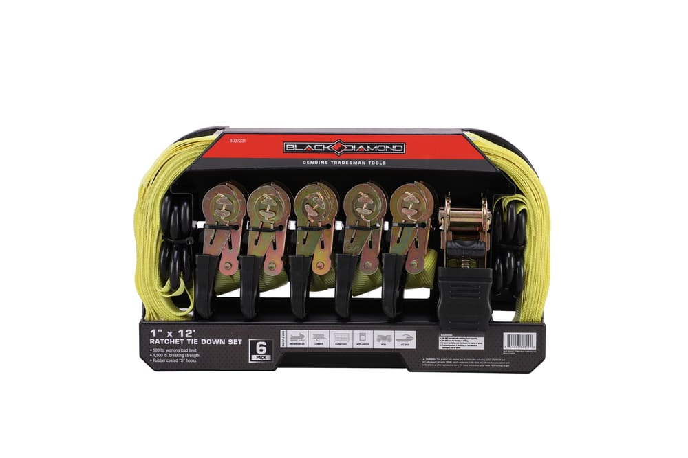 Black Diamond™ 1" x 12' Ratchet Tie Down Set - 500 lb. Working Load Limit (6 Pack)