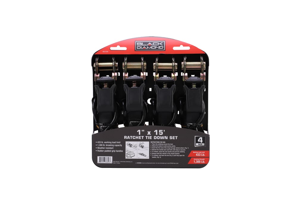 Black Diamond™ 1" x 15' Ratchet Tie Down Set - 433 lb. Working Load Limit (4 Pack)