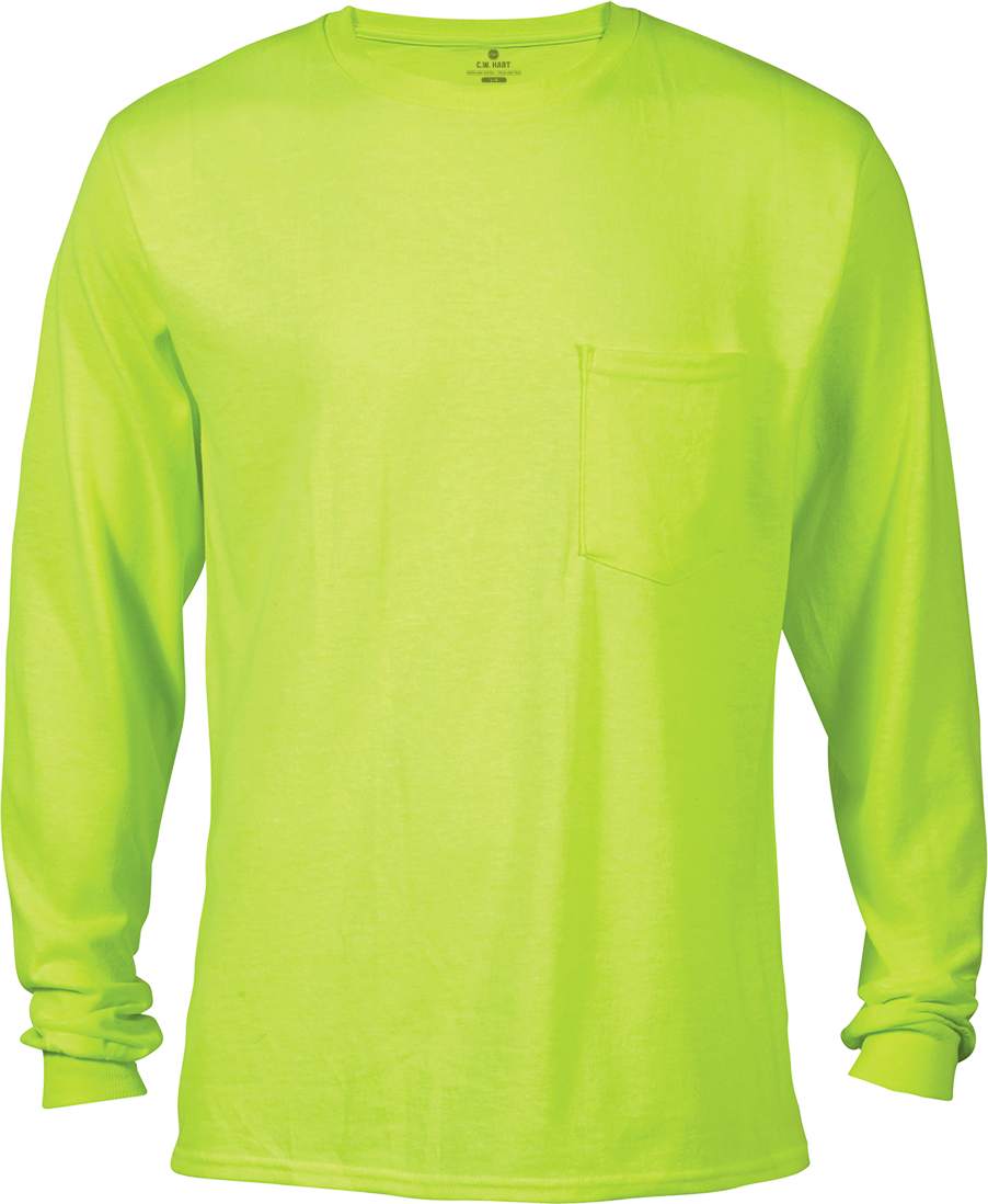 Men's Long Sleeve Crew Neck Pocket Tee - Safety Green - Front