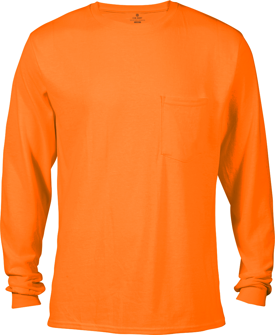 Men's Long Sleeve Crew Neck Pocket Tee - Safety Orange - Front