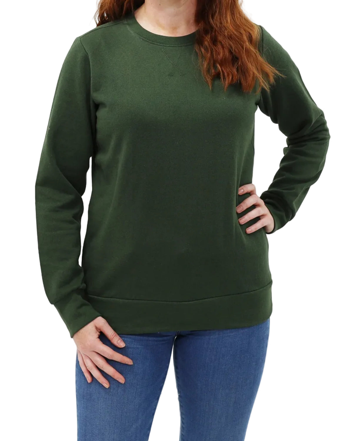 Women's Crew Neck Fleece Sweatshirt - Army Green - Front