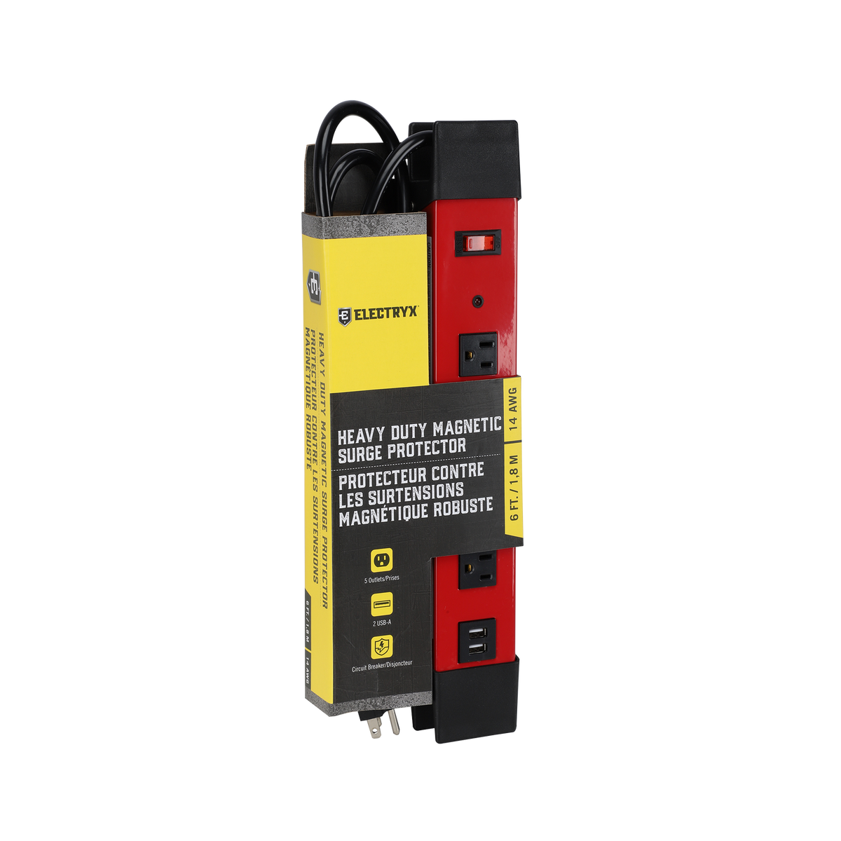 6 FT. 5-Outlets/2-USB Heavy Duty Magnetic Surge Protector with Cord