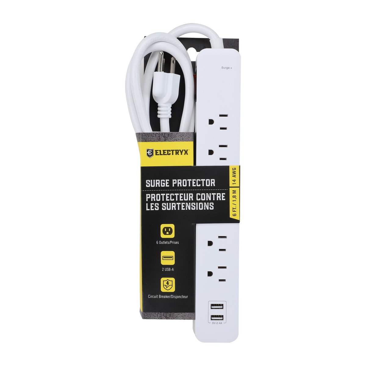 6 FT. 6-Outlets/2-USB Surge Protector Strip with Cord