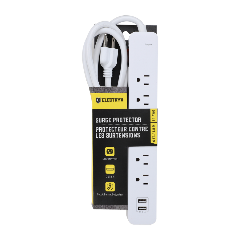 6 FT. 6-Outlets/2-USB Surge Protector Strip with Cord