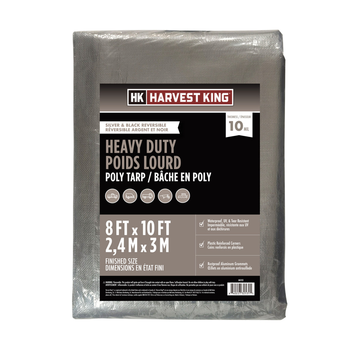 8 FT x 10 FT Silver/Black Reversible Heavy Duty Poly Tarp