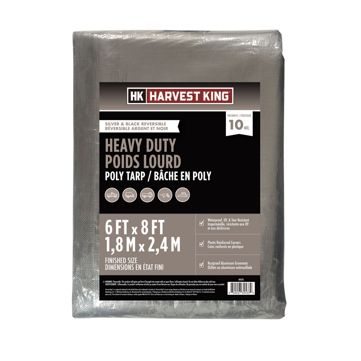 6 FT x 8 FT Silver/Black Reversible Heavy Duty Poly Tarp