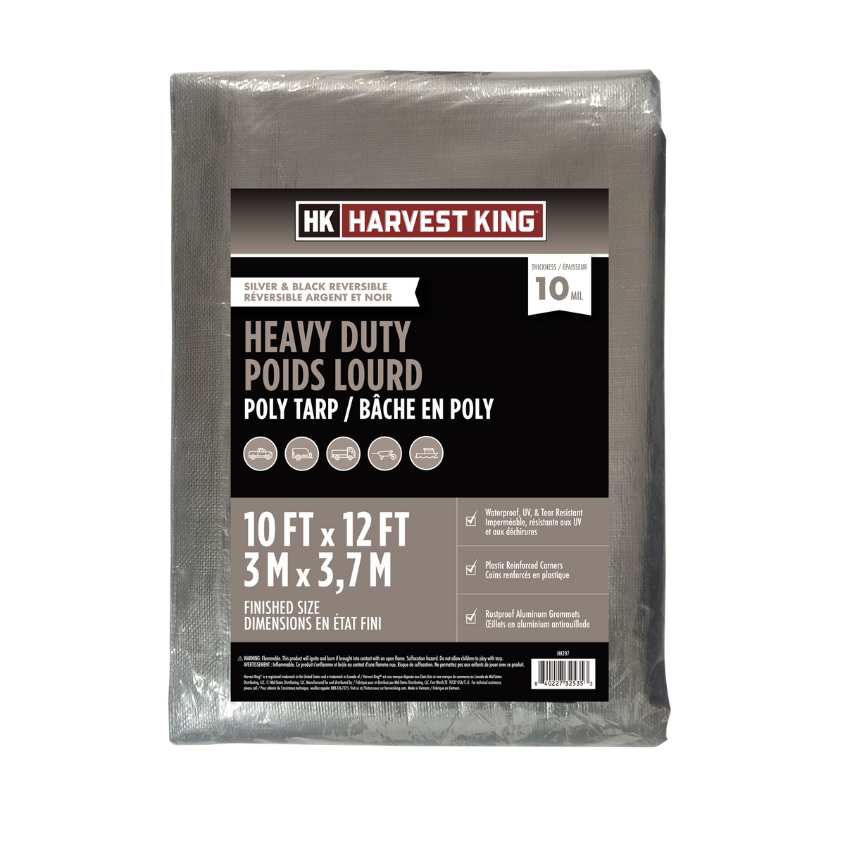 10 FT x 12 FT Silver/Black Reversible Heavy Duty Poly Tarp