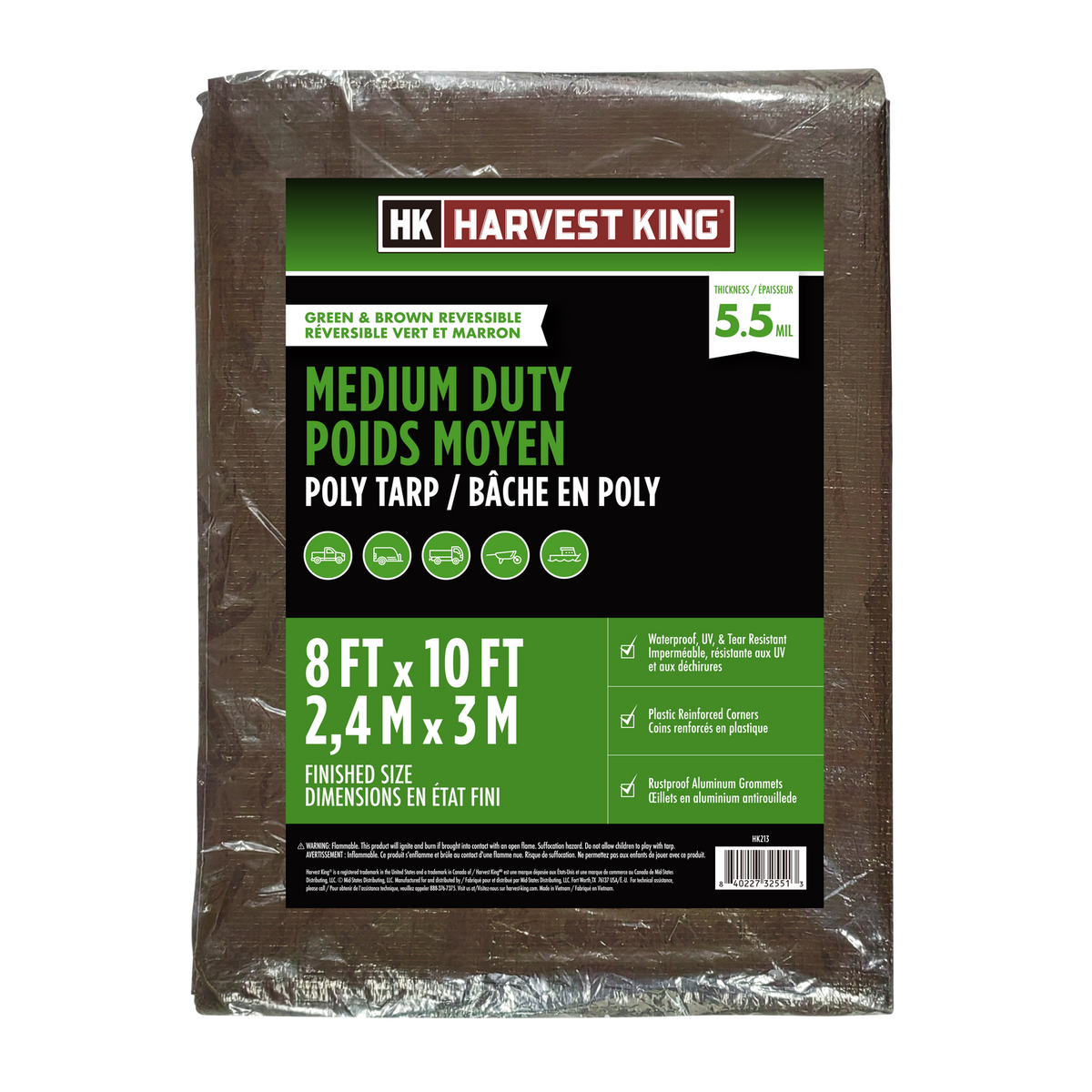 8 FT x 10 FT Brown/Green Reversible Medium Duty Poly Tarp