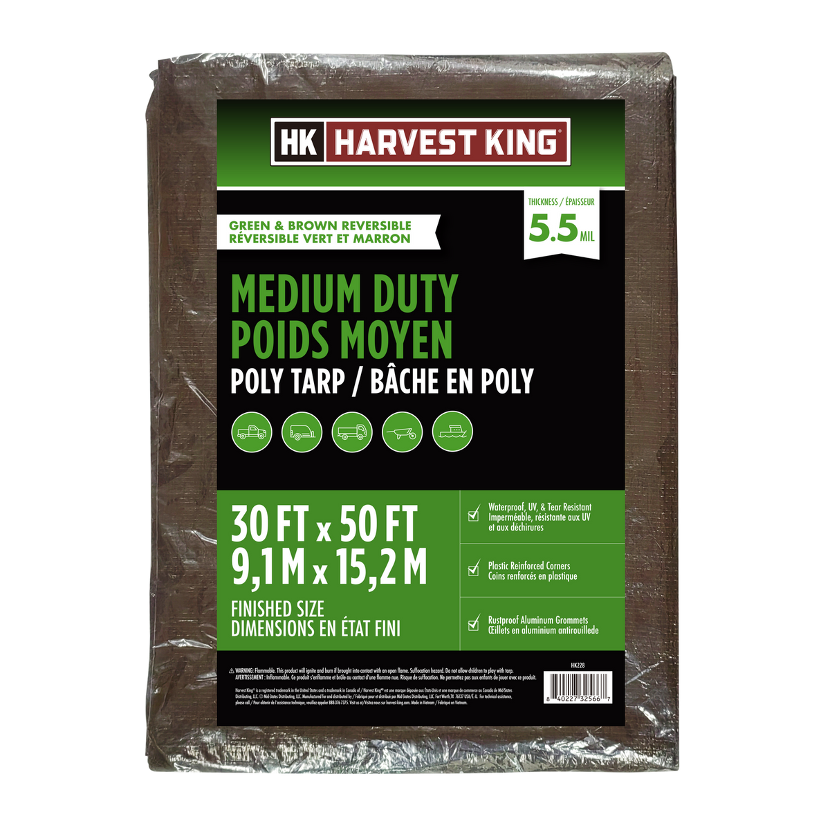 30 FT x 50 FT Brown/Green Reversible Medium Duty Poly Tarp