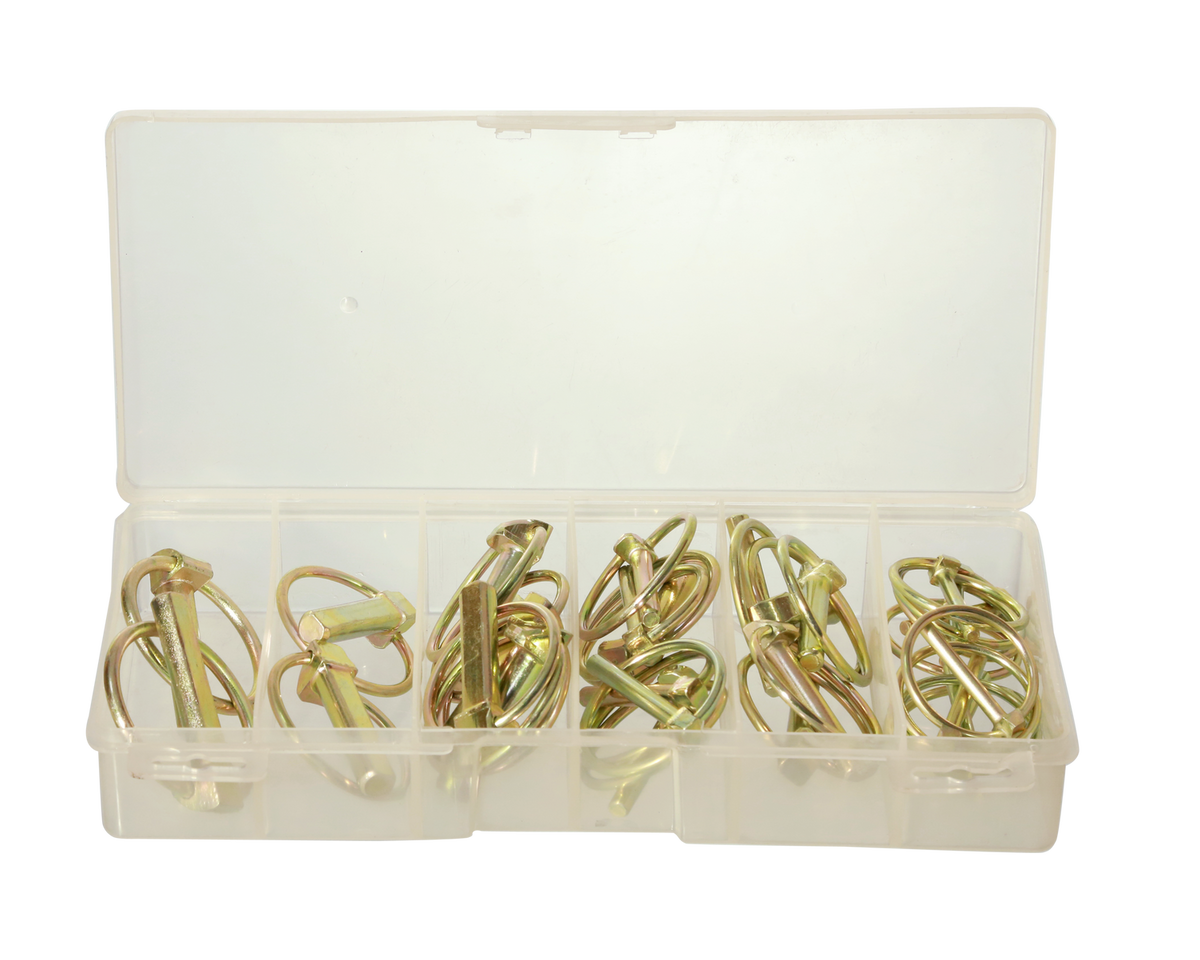 Lynch Pin Assortment Box 3/16" (8), 5/16" (5), 1/4" (5), 7/16" (8), 7/16" Hd (2)