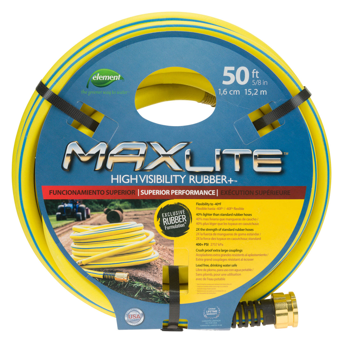 Garden Hose,5/8"x50',Rbr,Hi-Vz Ylw